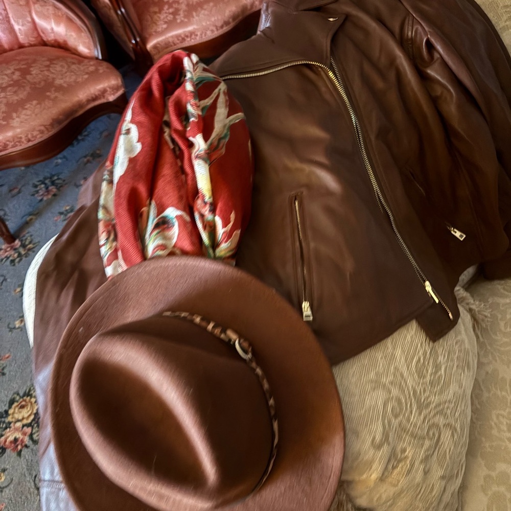 Chico's Red Floral Scarf, hat, and jacket outfit